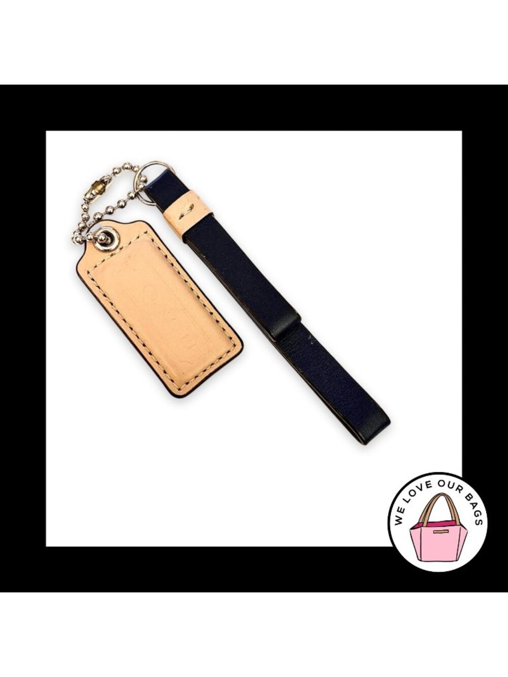 2 pc LOT COACH Tassel Hang Tag Navy Blue Buff Tan Leather Bag Charm Keychain Fob